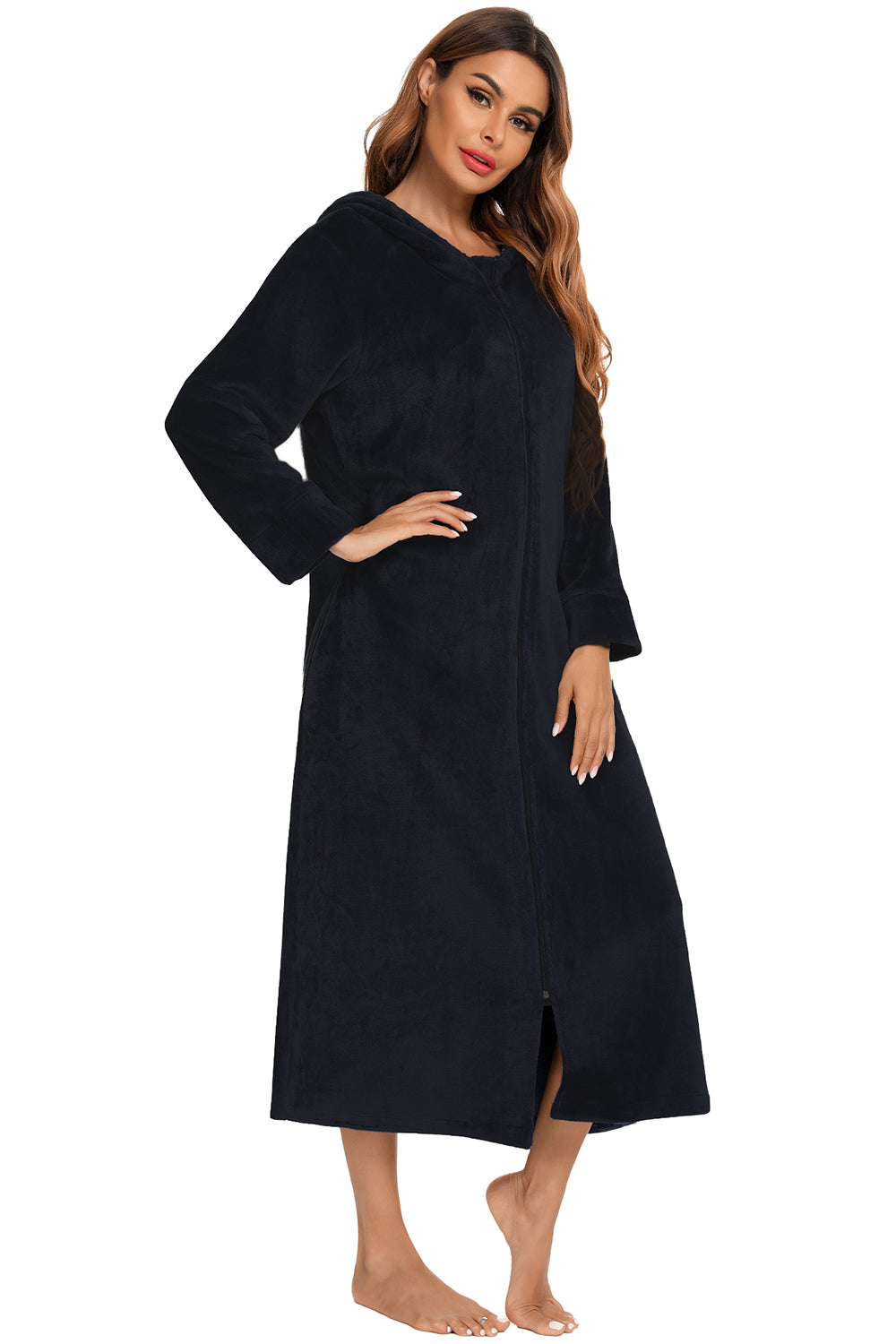 Zip Front Hooded Night Dress with Pockets - Fashorio