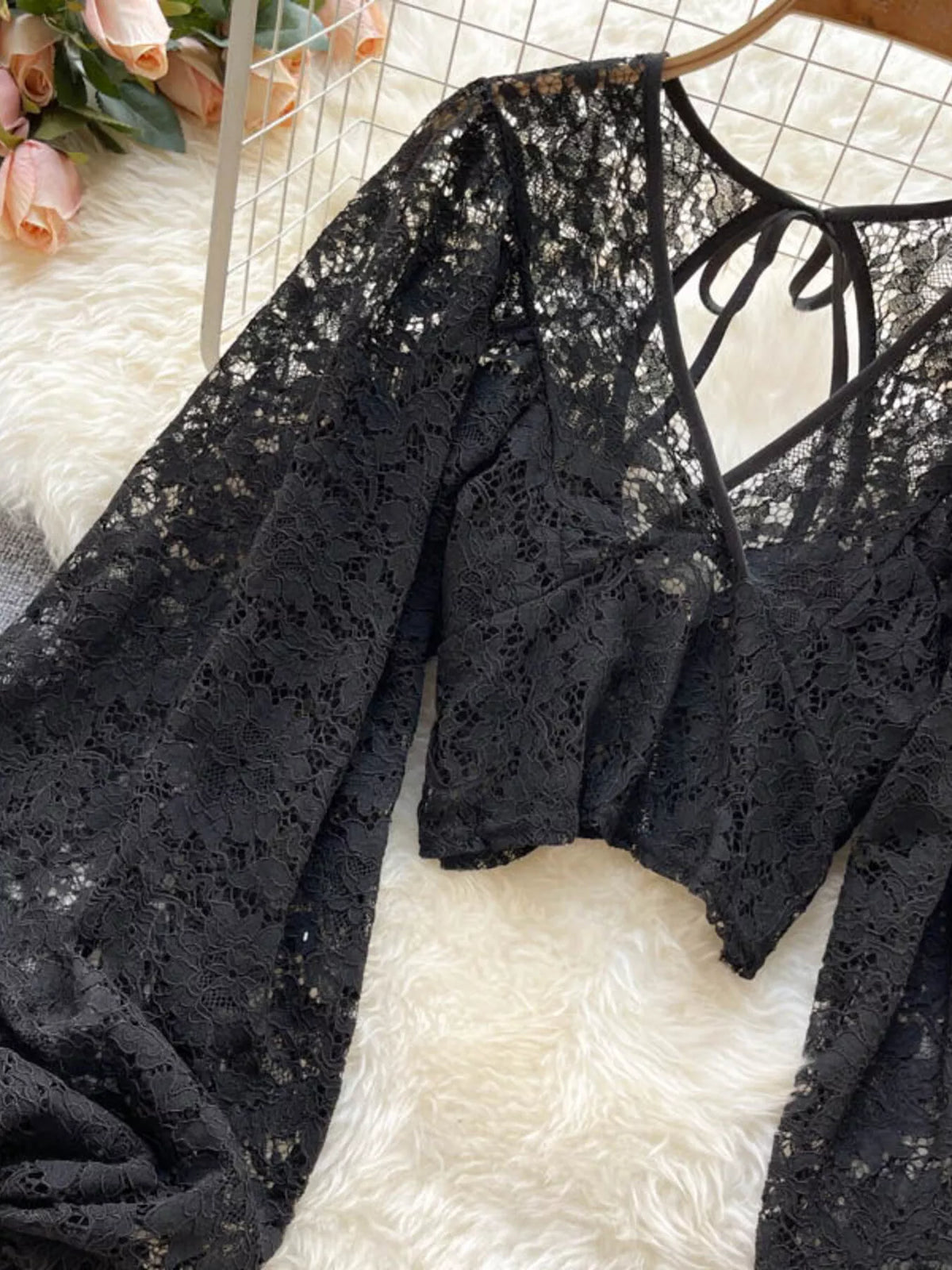 Lace tie back long sleeve top, back view