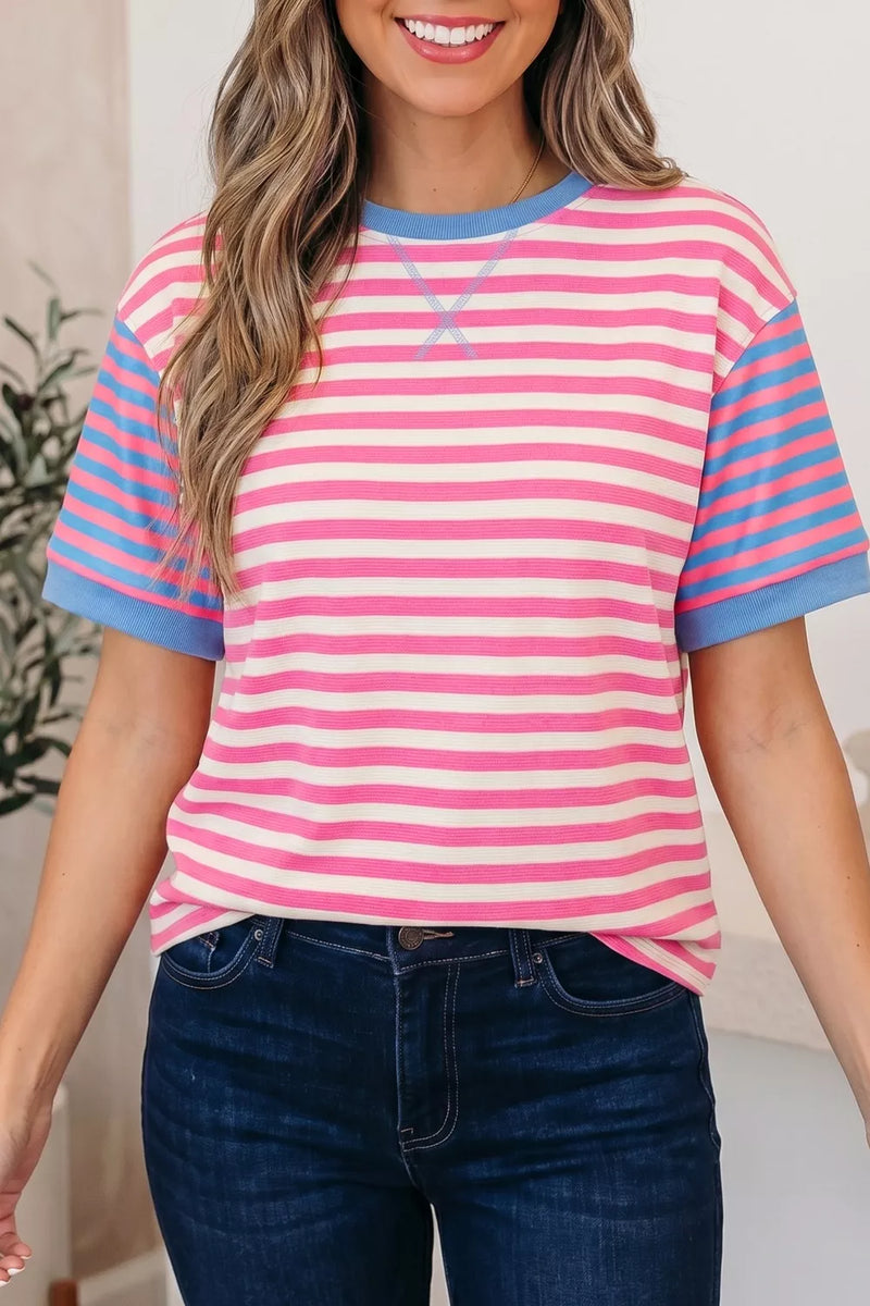 Dusty pink striped patchwork short sleeve loose tee front view