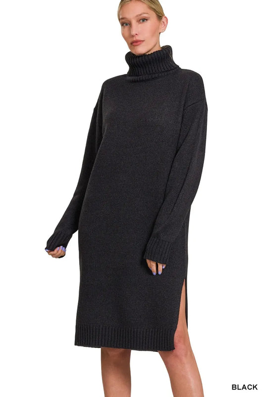Zenana Turtle Neck Long Sleeve Midi Sweater Dress BLACK - Fashorio