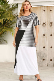 Plus Size Striped Color Block Round Neck Dress Black White - Fashorio