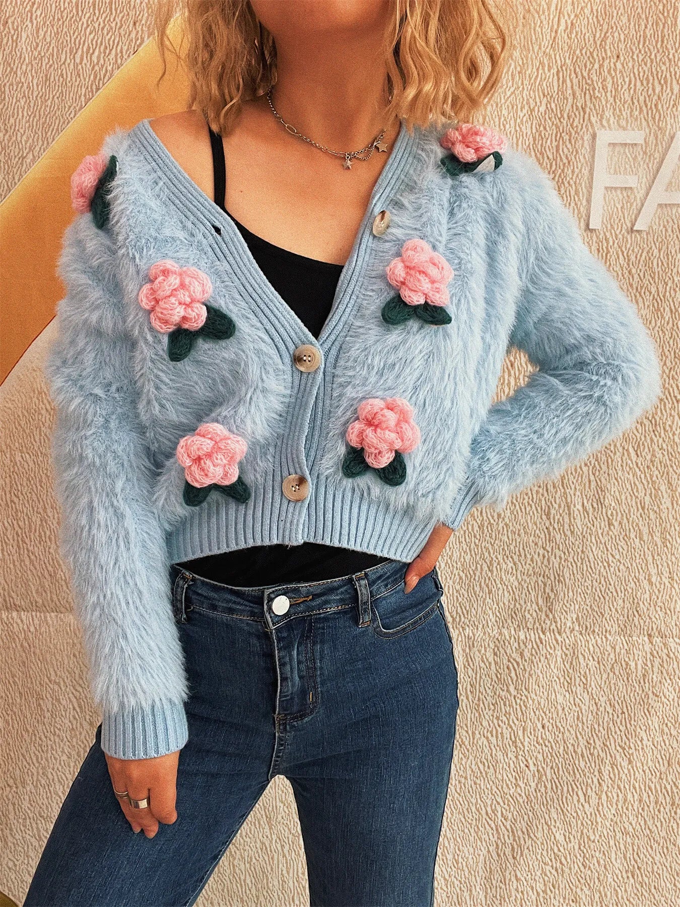 Flower Fuzzy Button-Up Cardigan - Fashorio
