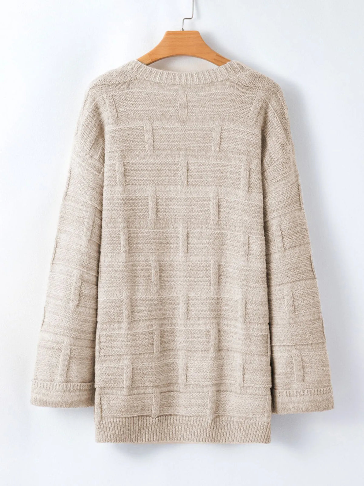 textured knit open front cardigan with pockets styled on model