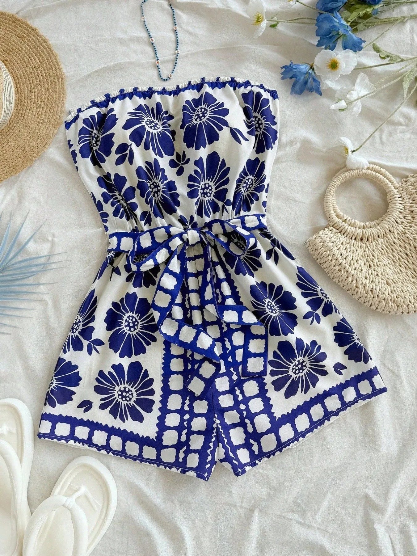 Printed Tube Tie Waist Romper Royal Blue - Fashorio