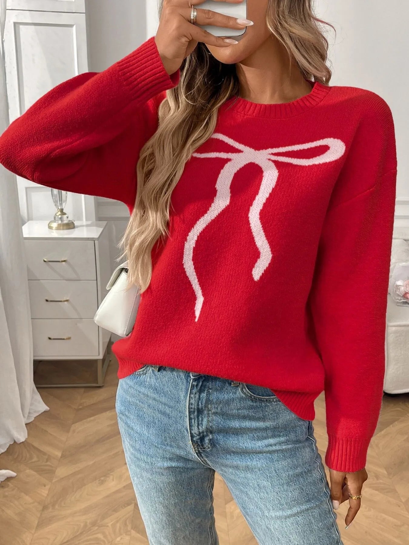 Bow Graphic Ribbed Hem Round Neck Sweater Red - Fashorio