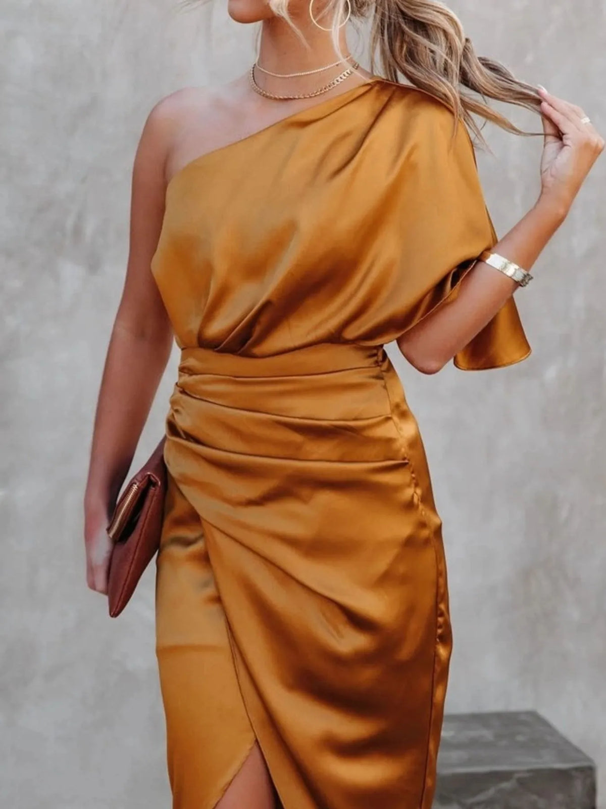 One shoulder satin wrap dress with side slit side view