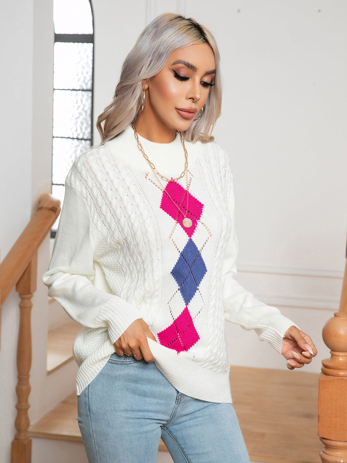 Openwork Geometric Mock Neck Sweater - Fashorio