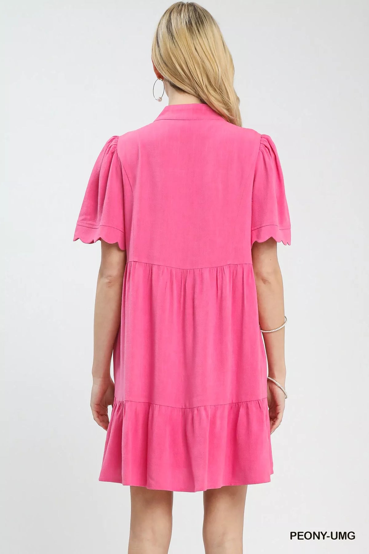 Linen Tiered Babydoll Dress with Scalloped Sleeves side view