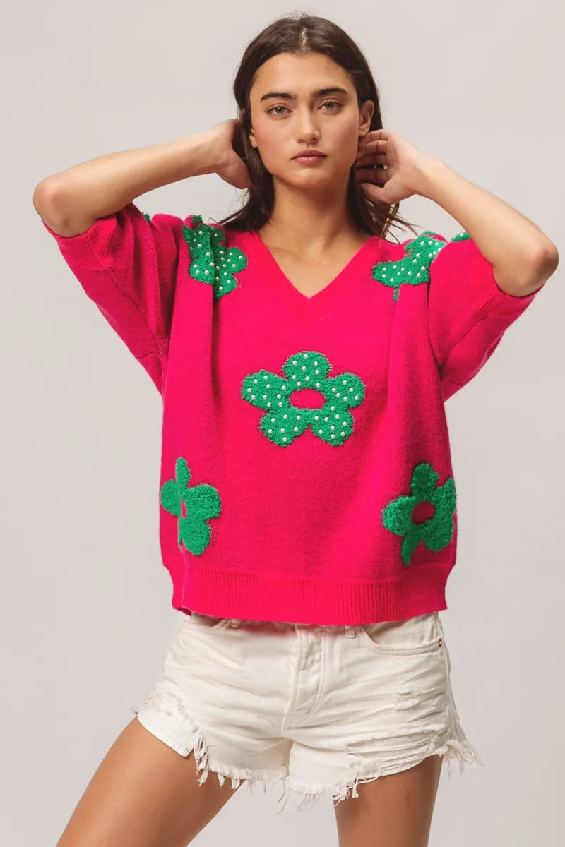 BiBi Pearl Beads Flowers Sweater Top - Fashorio