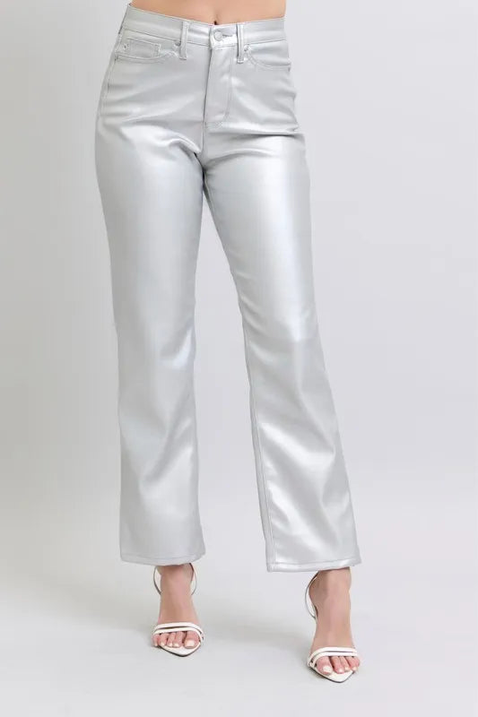 Judy Blue Full Size High Waist Silver Faux Leather Pants Plus Size METALLIC SILVER - Fashorio