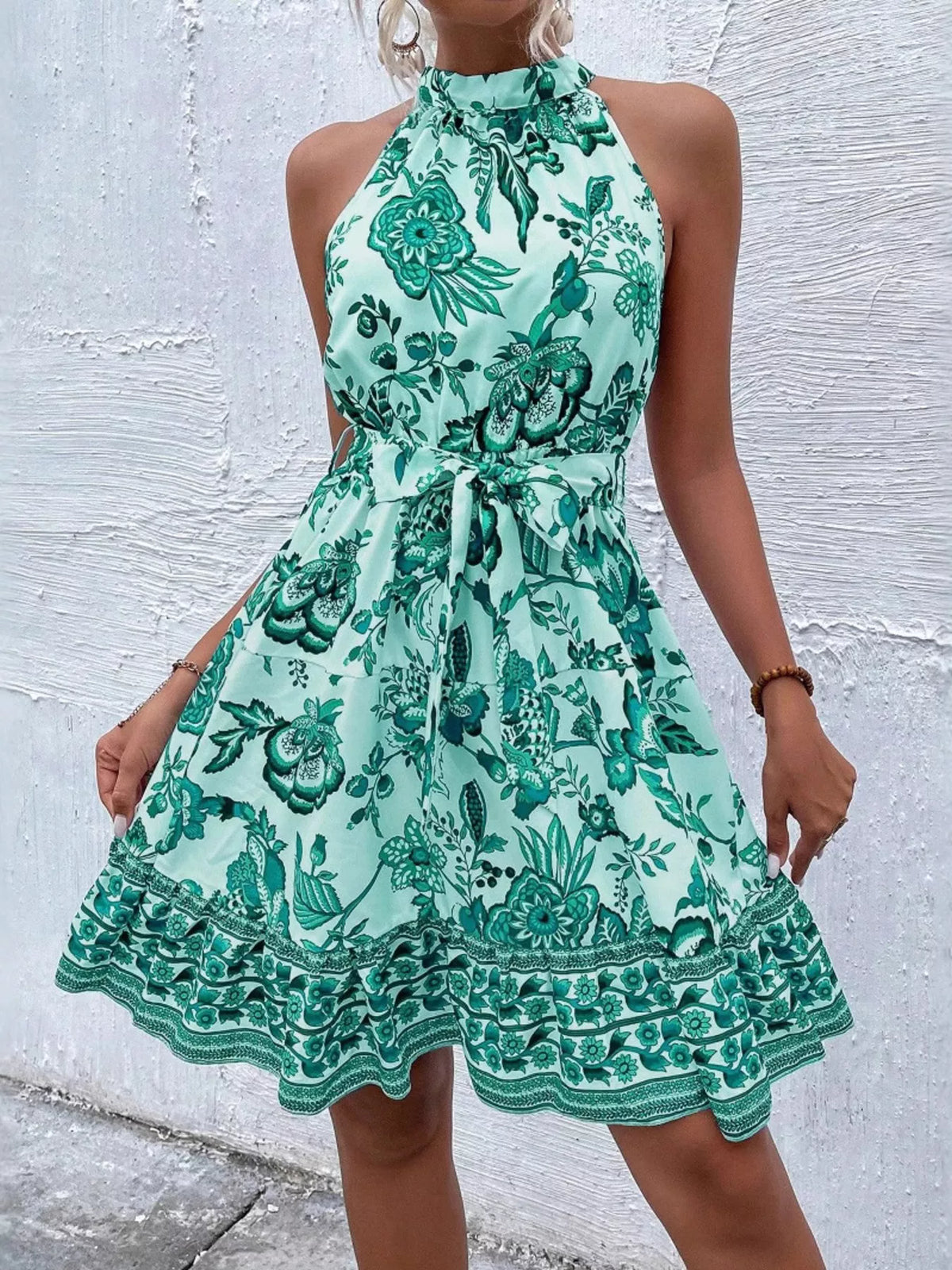 Printed sleeveless tie waist midi dress front view