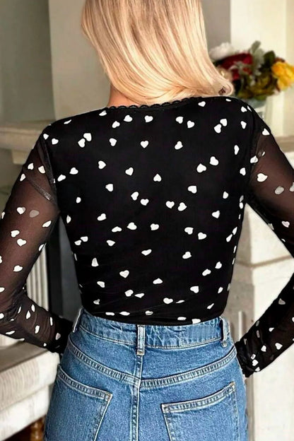 Heart Square Neck Long Sleeve Bodysuit - Fashorio