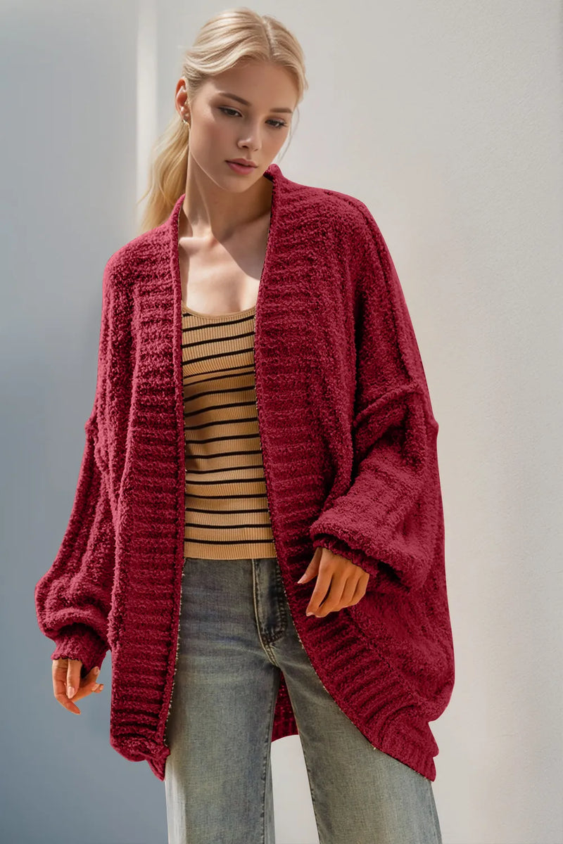 Double Take open front long sleeve cardigan front view on model