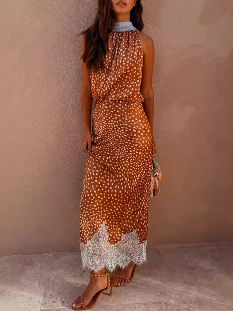 Brown sleeveless top and lace skirt set front view