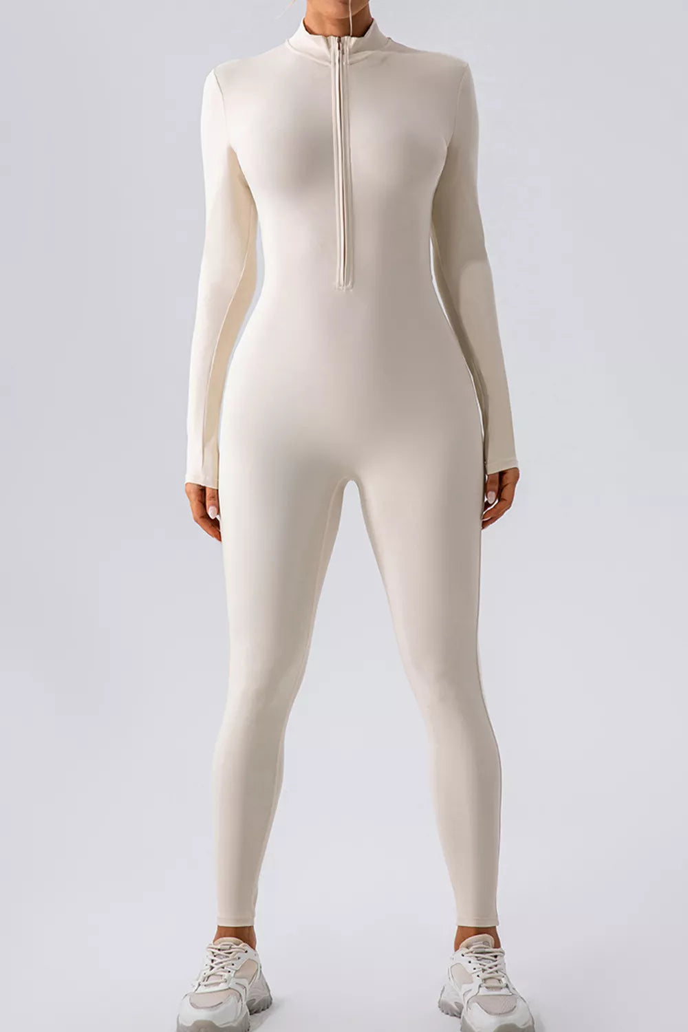 Half zip mock neck active jumpsuit angled view