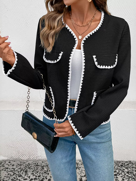 Contrast Trim Open Front Jacket - Fashorio