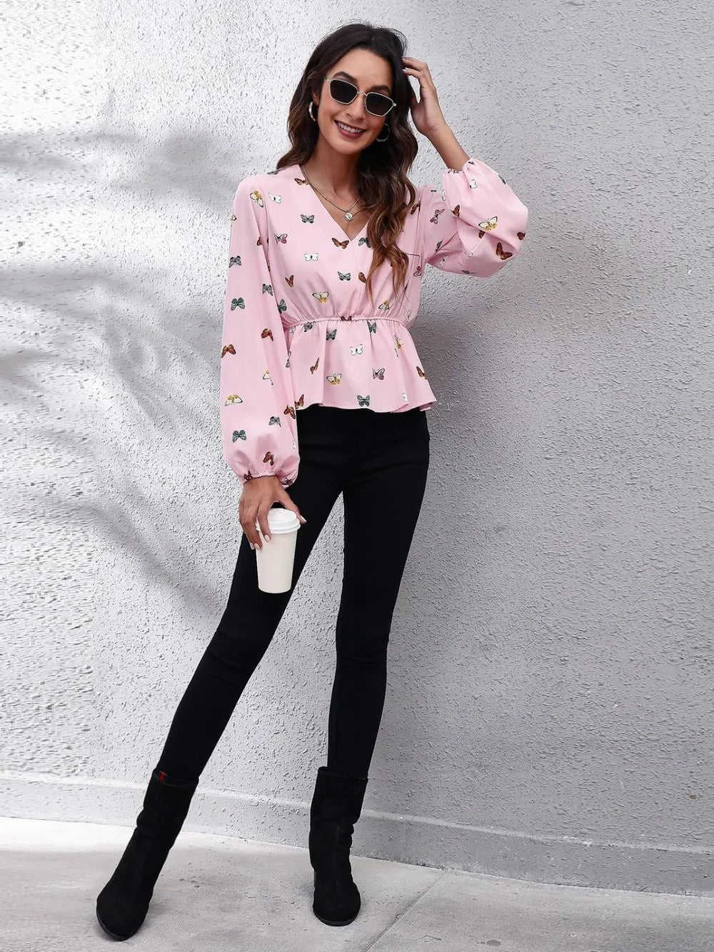 Butterfly V-Neck Balloon Sleeve Peplum Blouse - Fashorio