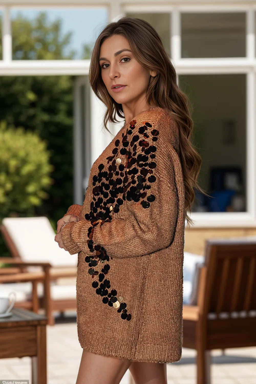 Sequin Round Neck Long Sleeve Sweater on model