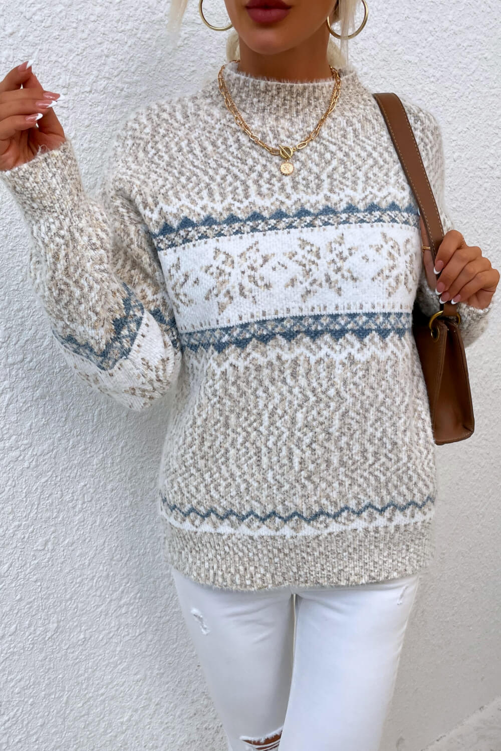 Snowflake Pattern Mock Neck Sweater - Fashorio