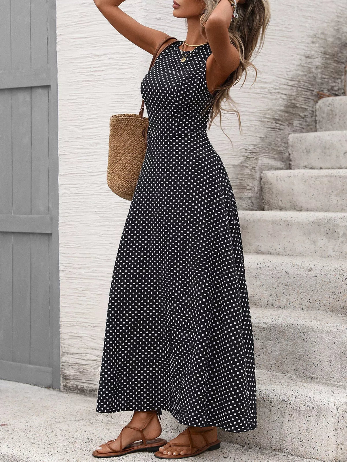 Polka dot maxi dress tie waist detail