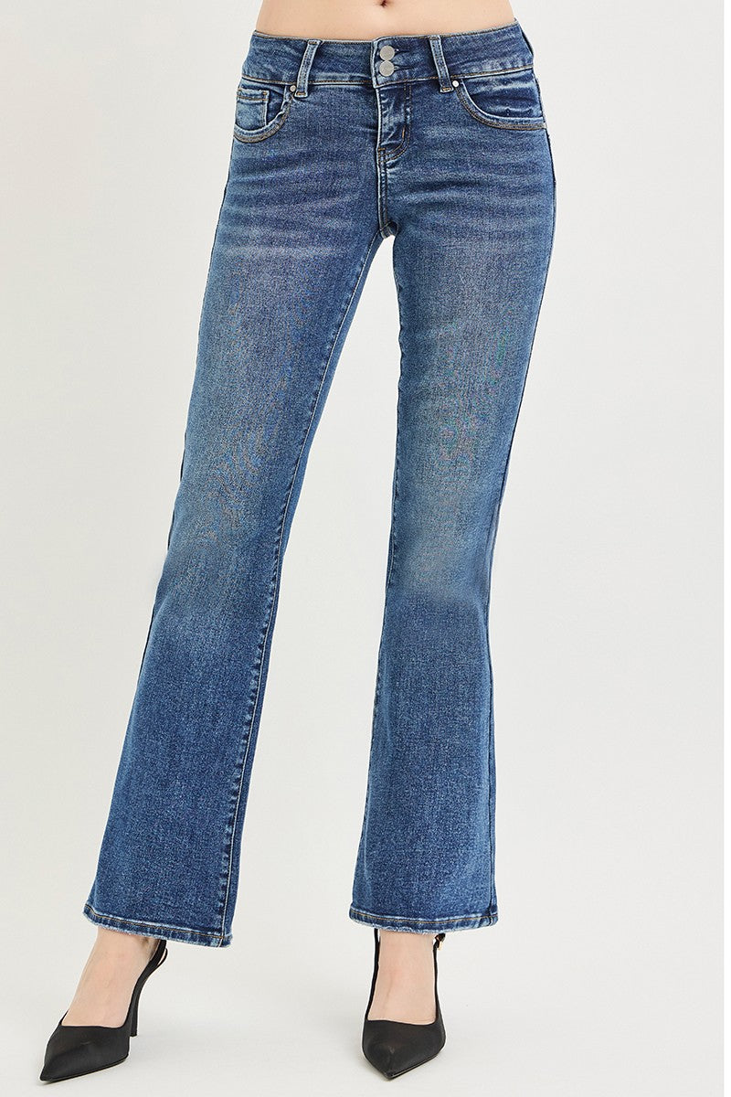 RISEN medium wash bootcut jeans leg flare detail