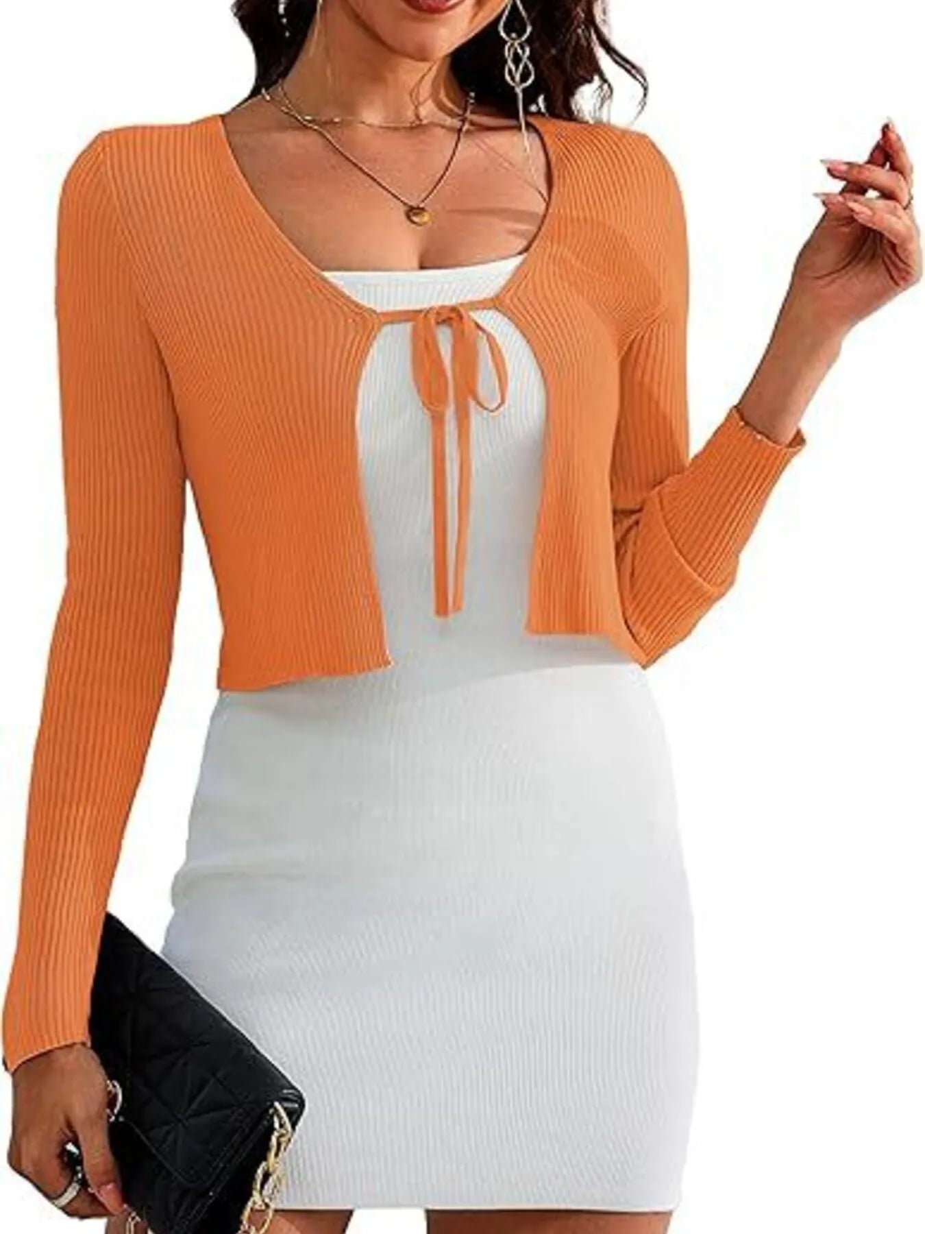 Tie-Front Long Sleeve Cardigan Orange - Fashorio