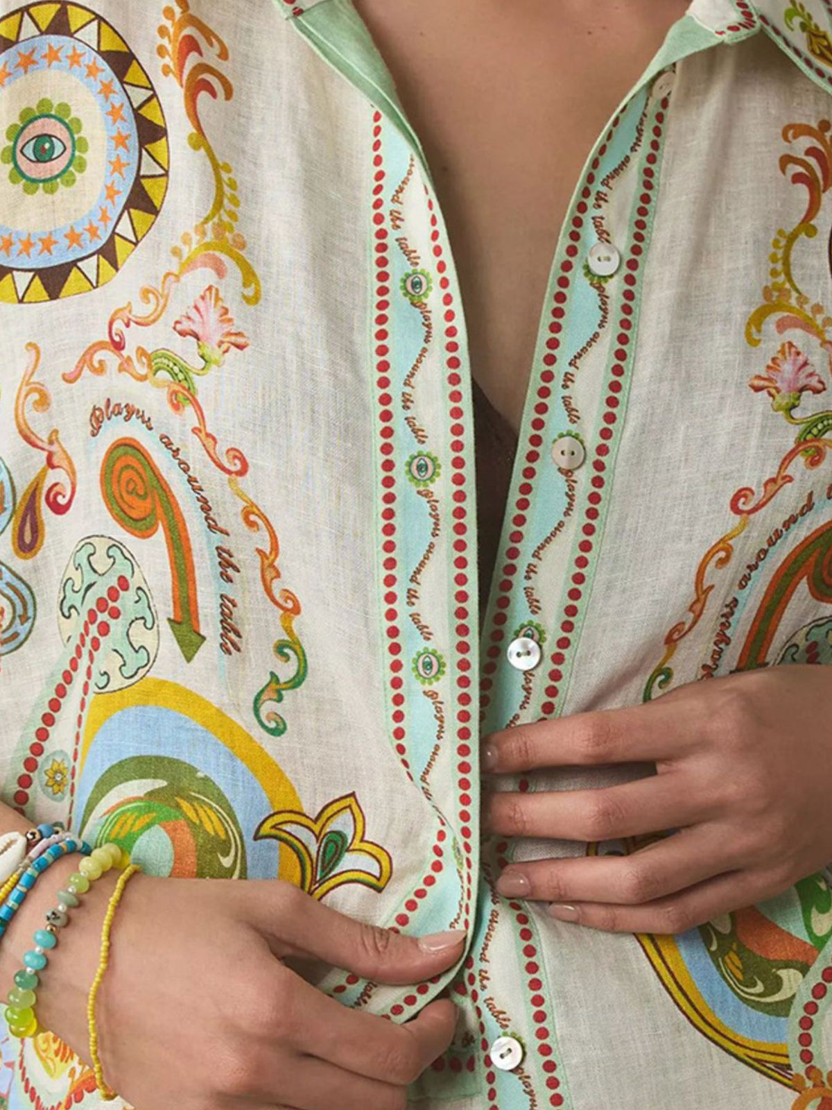 Button up shirt print detail close up