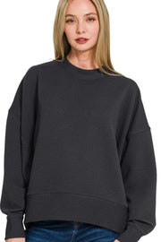 Zenana Ribbed Balloon Sleeve Sweatshirt BLACK - Fashorio