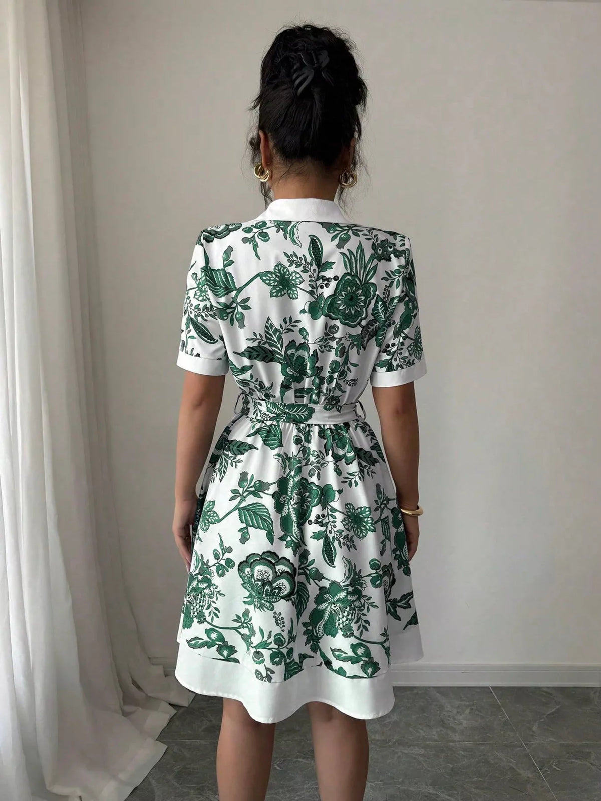 Printed button front belted mini dress front view