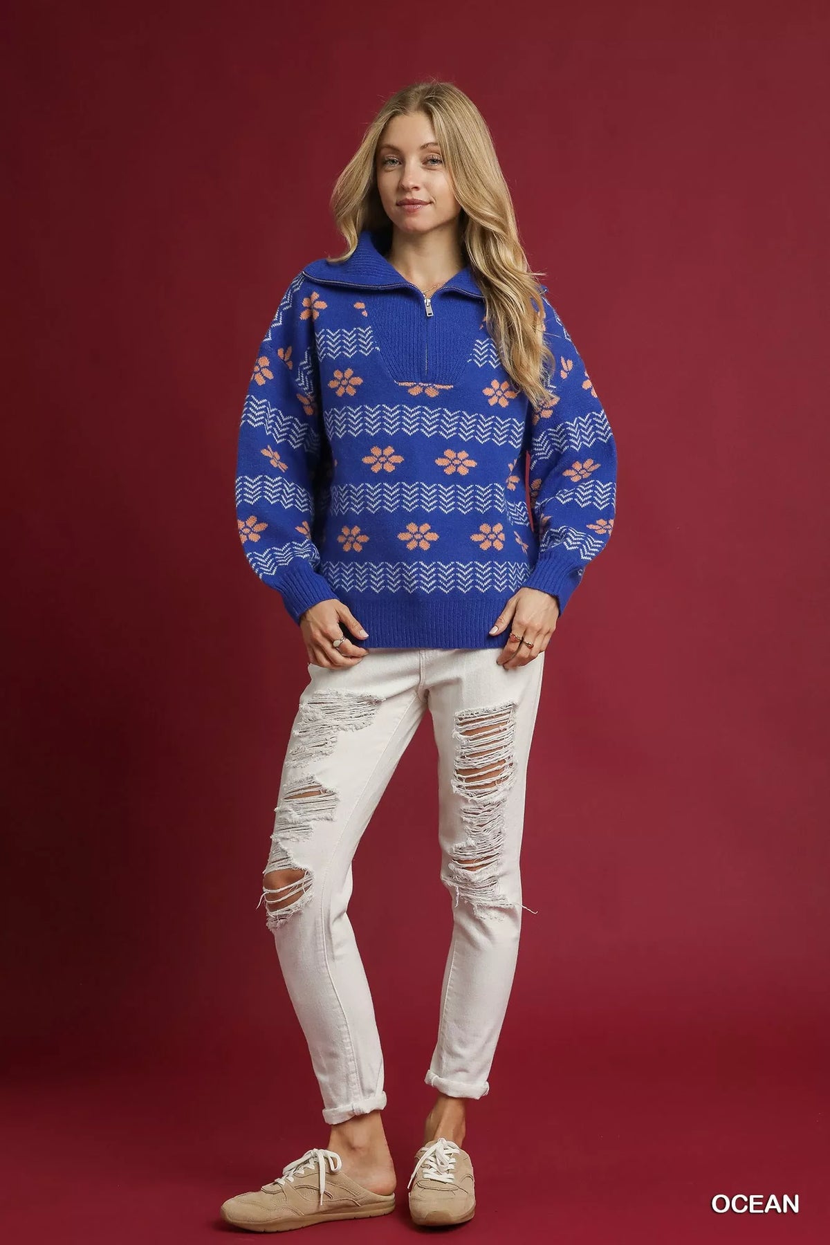 Floral Jacquard Quarter Zip Pullover in Ocean Blue styled look