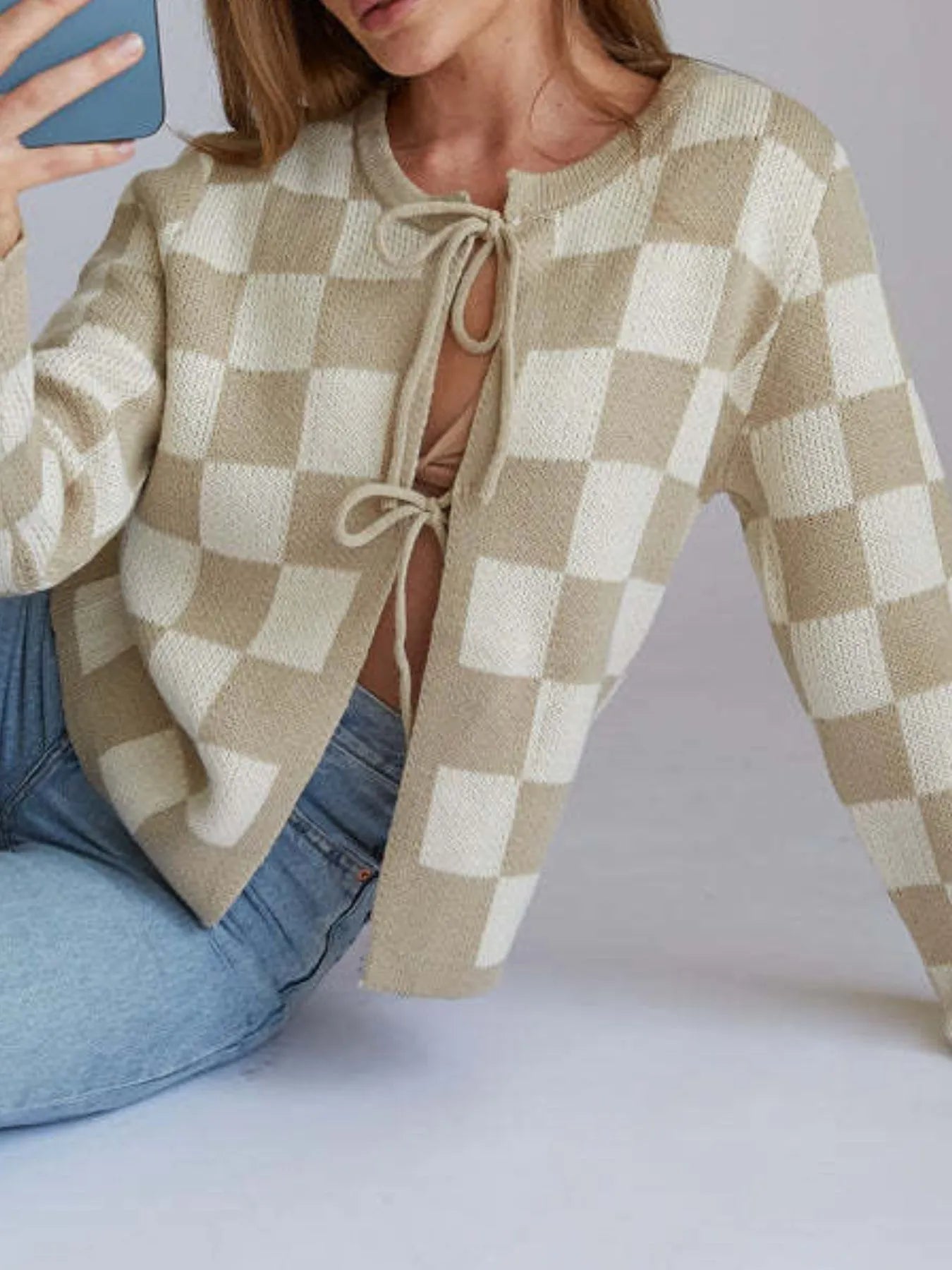 Checkered Tie-Front Cropped Cardigan - Fashorio