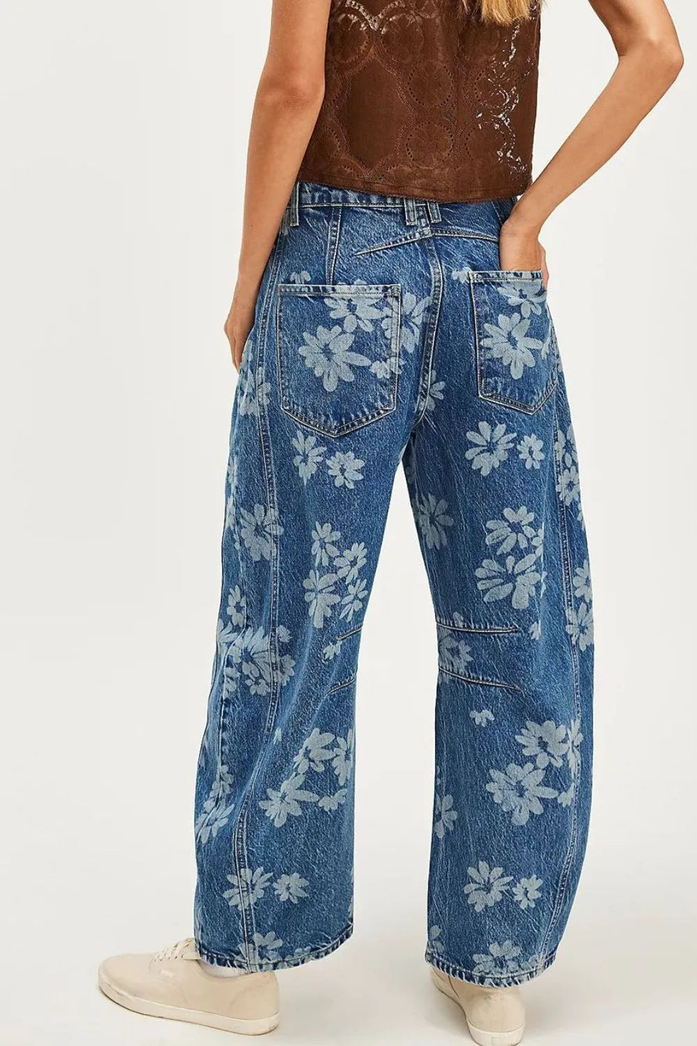 Flower print wide leg jeans full length