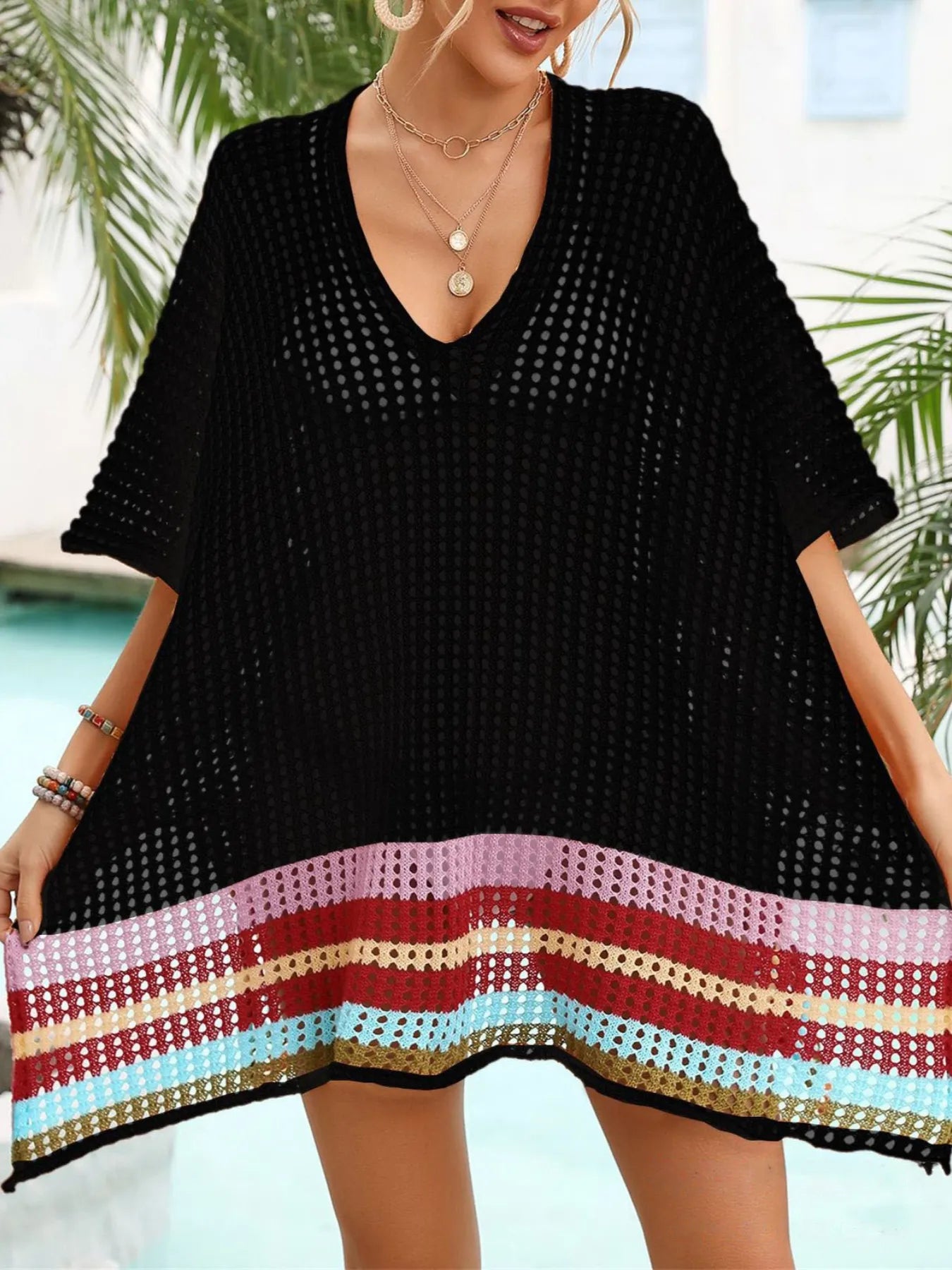 Crochet V-Neck Cover-Up Dress Black One Size - Fashorio