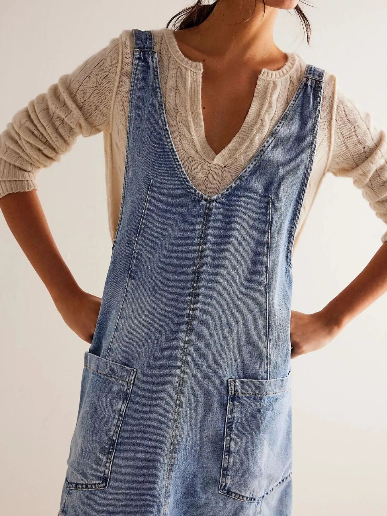 Oversized V-Neck Denim Tank Dress with Front Pockets - Fashorio
