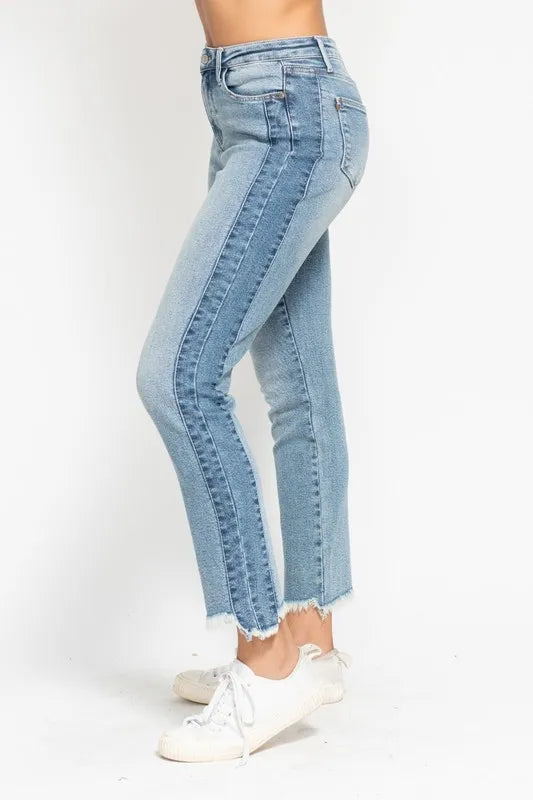 Judy Blue Vintage Wash Side Panel Fray Hem Slim Jeans – Plus Size - Fashorio