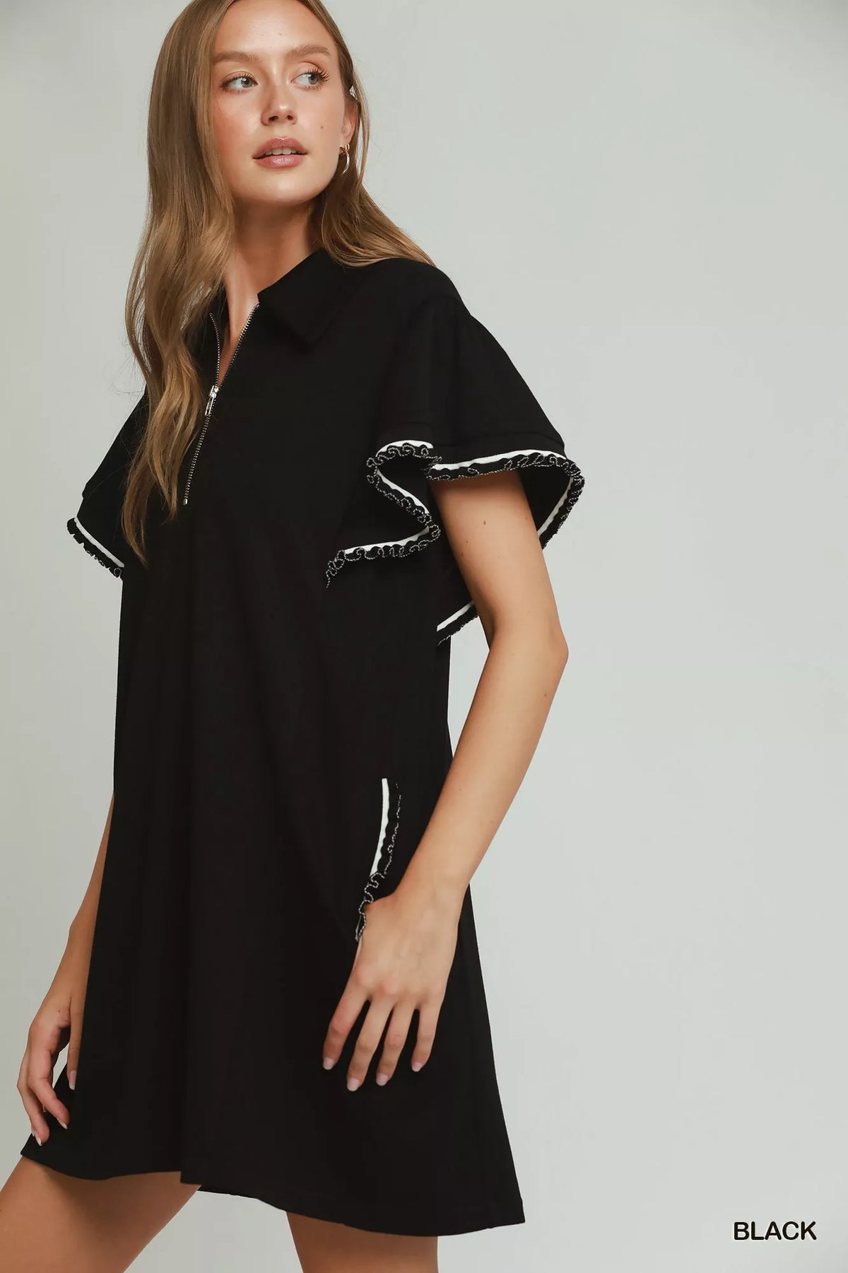 Black half zip butterfly sleeve knit mini dress side view