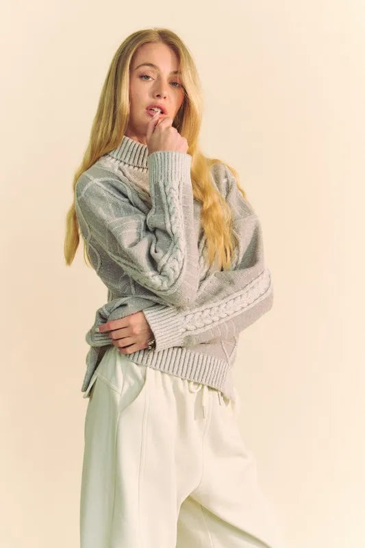 Cable Knit Turtleneck Drop Shoulder Sweater in Gray styled look