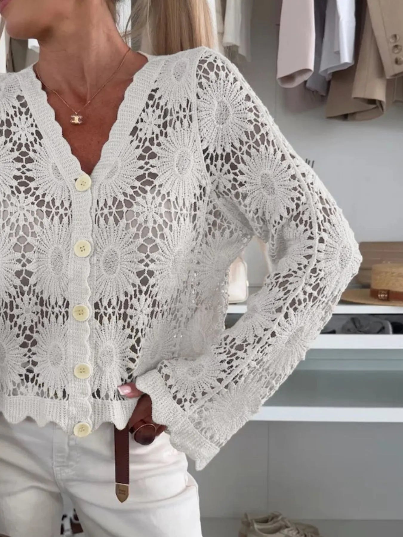 Lace V-Neck Button-Up Cardigan - Fashorio