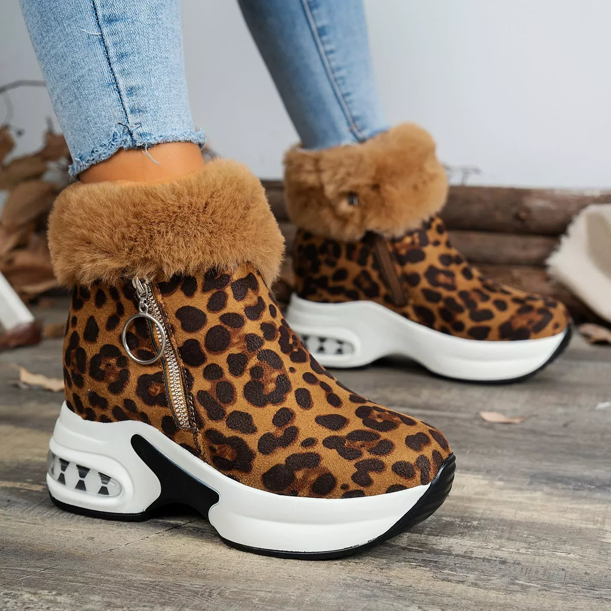 Fuzzy platform ankle boots worn on model