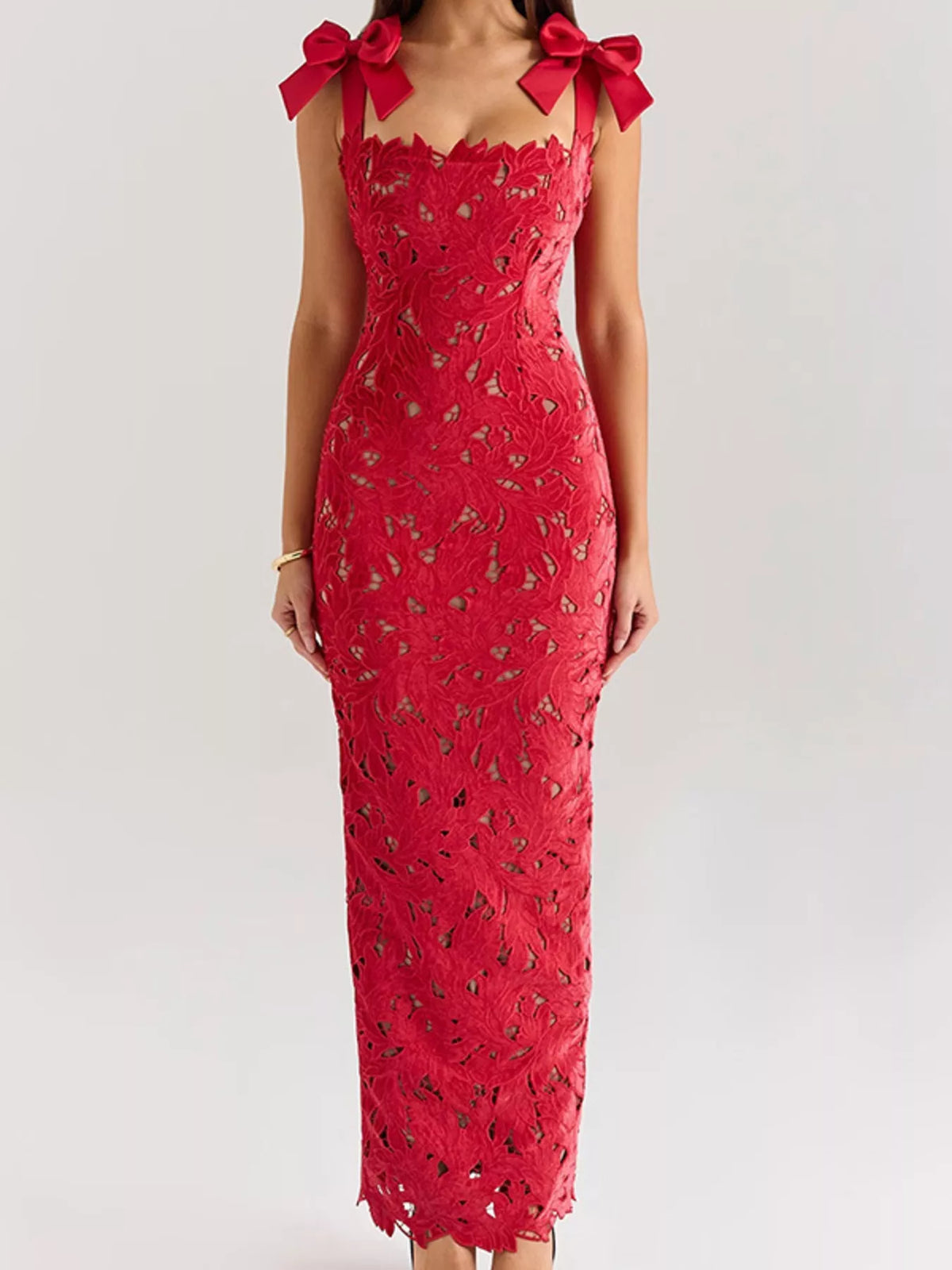 slit tie shoulder maxi dress seated pose