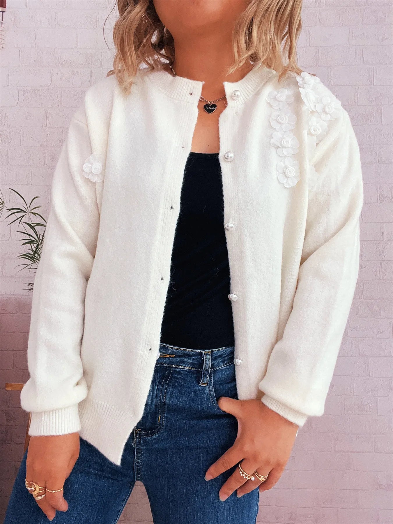 Flower Button Up Long Sleeve Cardigan - Fashorio