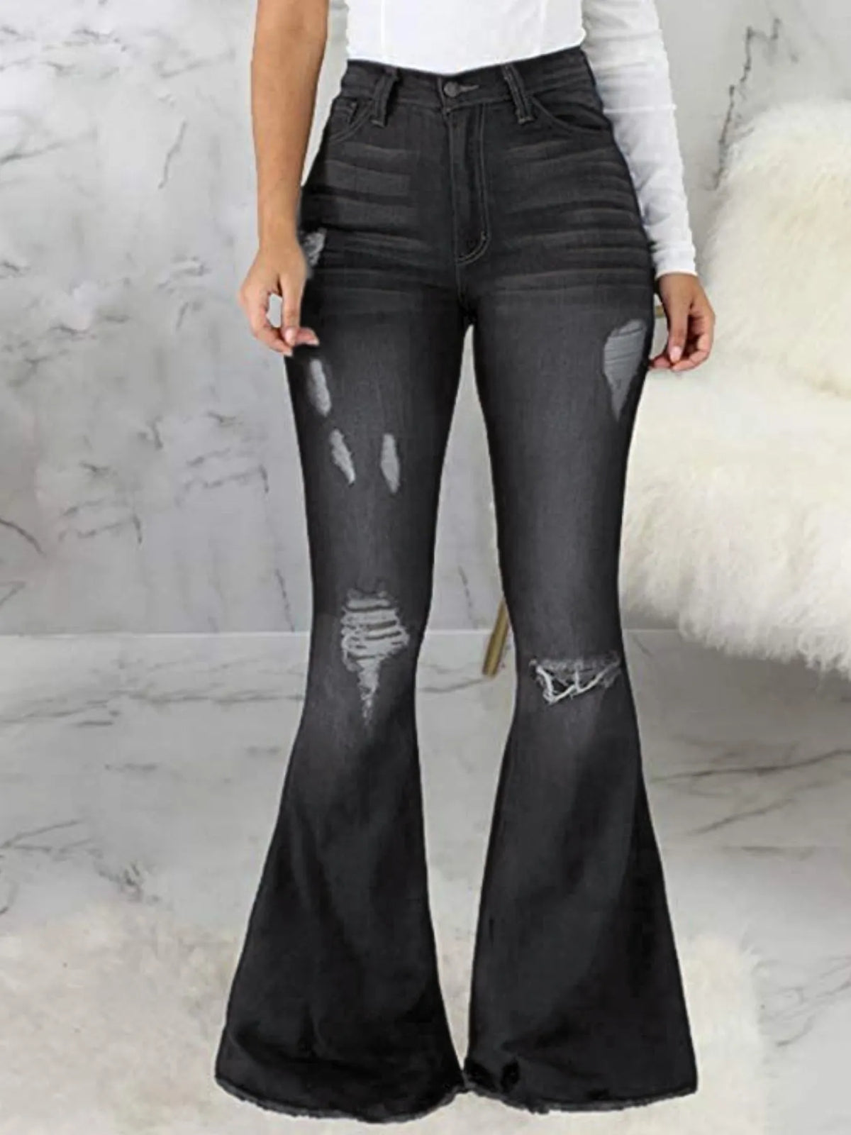 Plus Size Distressed Raw Hem Flare Jeans, view 7