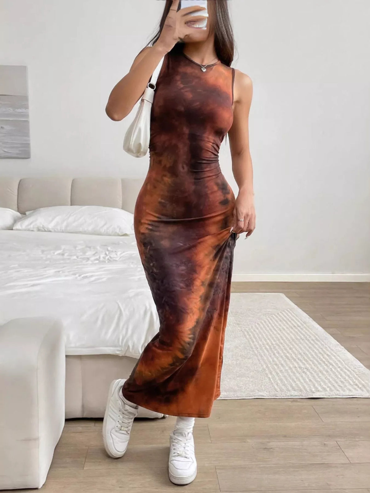 tie dye bodycon maxi dress front view