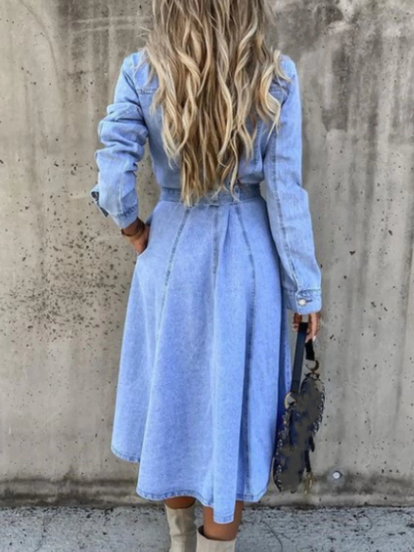 Full Size Tie Waist Button Front Denim Shirt Dress Plus Size - Fashorio