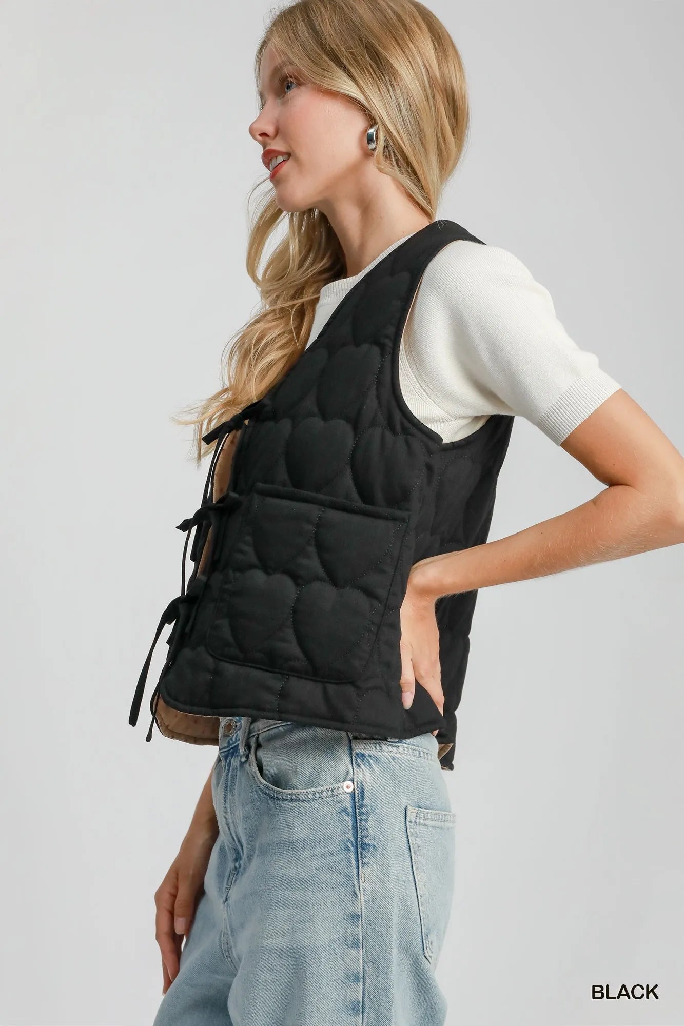 Umgee Heart Quilted Tie-Front Vest - Fashorio