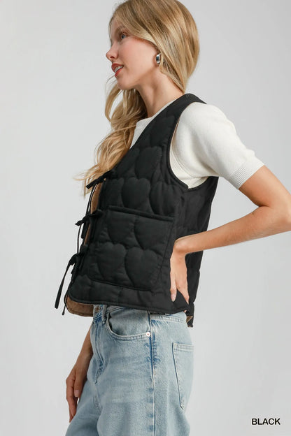 Umgee Heart Quilted Tie-Front Vest - Fashorio