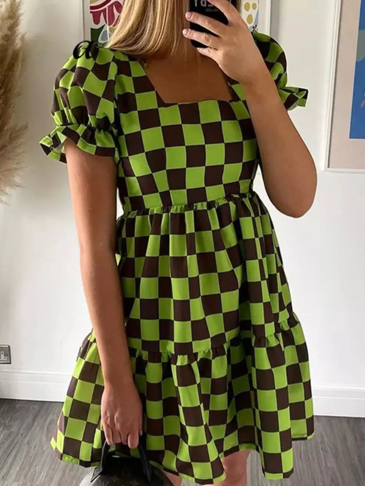 Checkered Tiered Mini Dress in Green