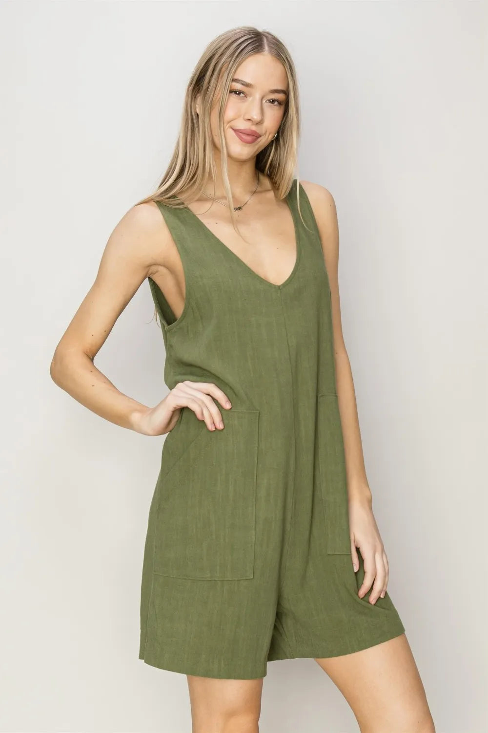 V Neck Sleeveless Romper with Pockets side view
