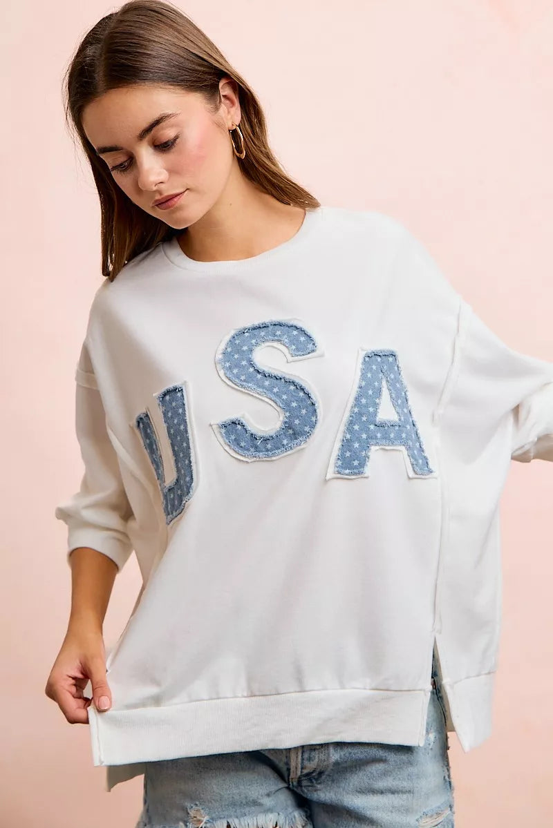Ivory BiBi USA letter patchwork French terry top styled look