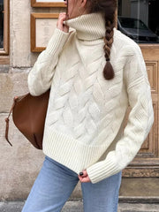 Ribbed Hem Turtleneck Long Sleeve Sweater White - Fashorio